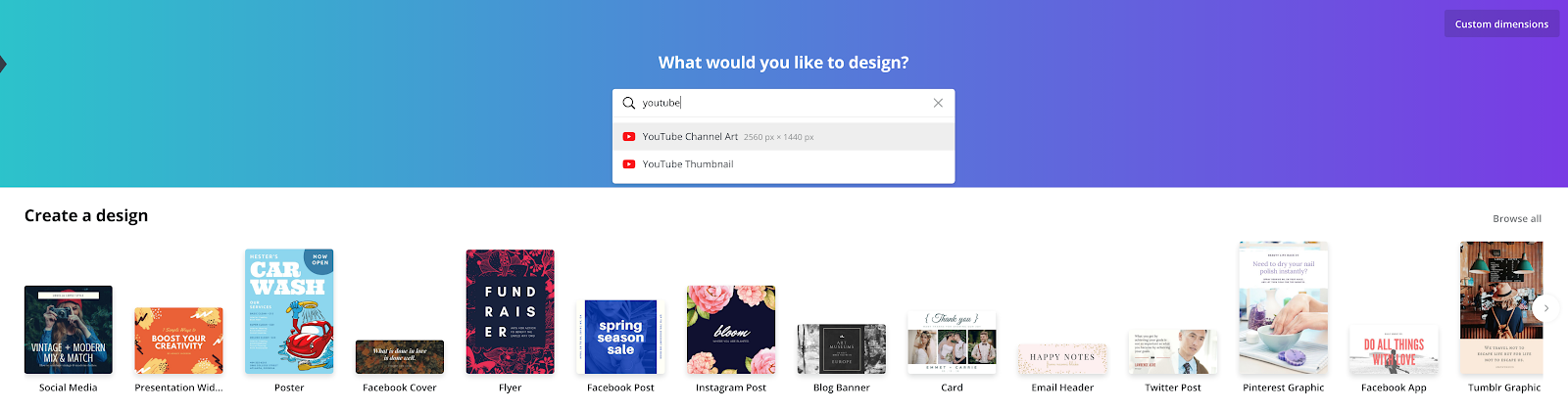 Canva Home page searching for Youtube