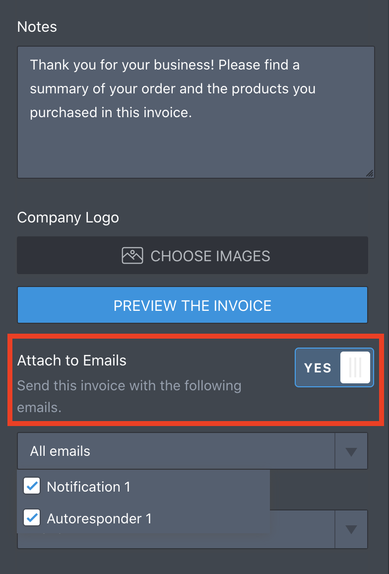 Attach to Emails Option in Invoice Generation Tool Settings
