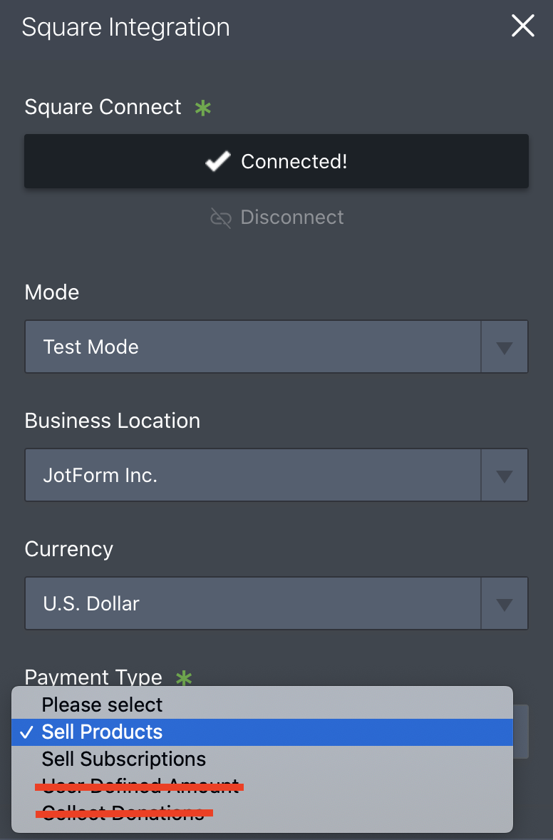 Square Integration Settings in the Jotform Form Builder