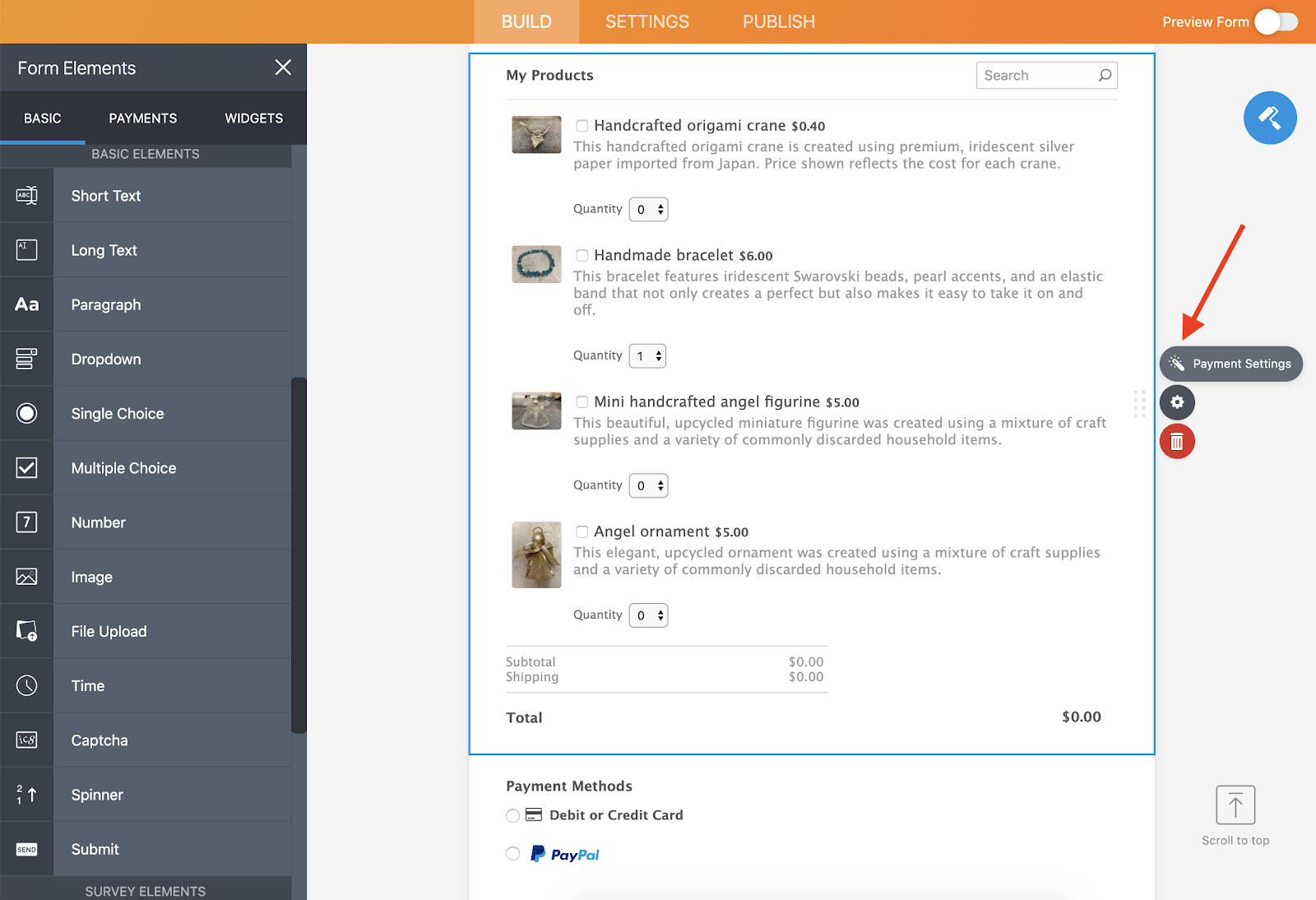 Product List in Jotform Form Builder Clicking on Payment Settings