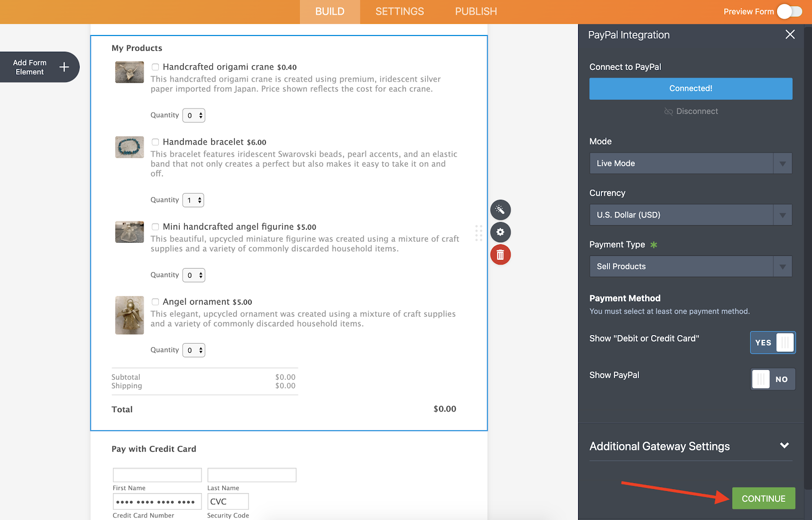 Paypal Integration Settings in Jotform Form Builder Clicking on Continue