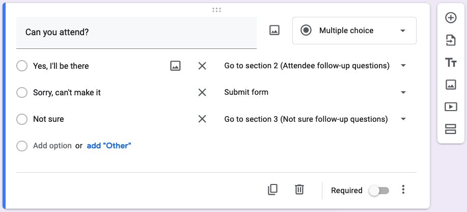 RSVP form with multiple choices directing to different sections based on the response