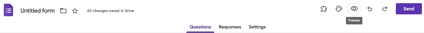 Form editor interface with an eye icon in the upper-right corner for previewing the form and checking conditional logic