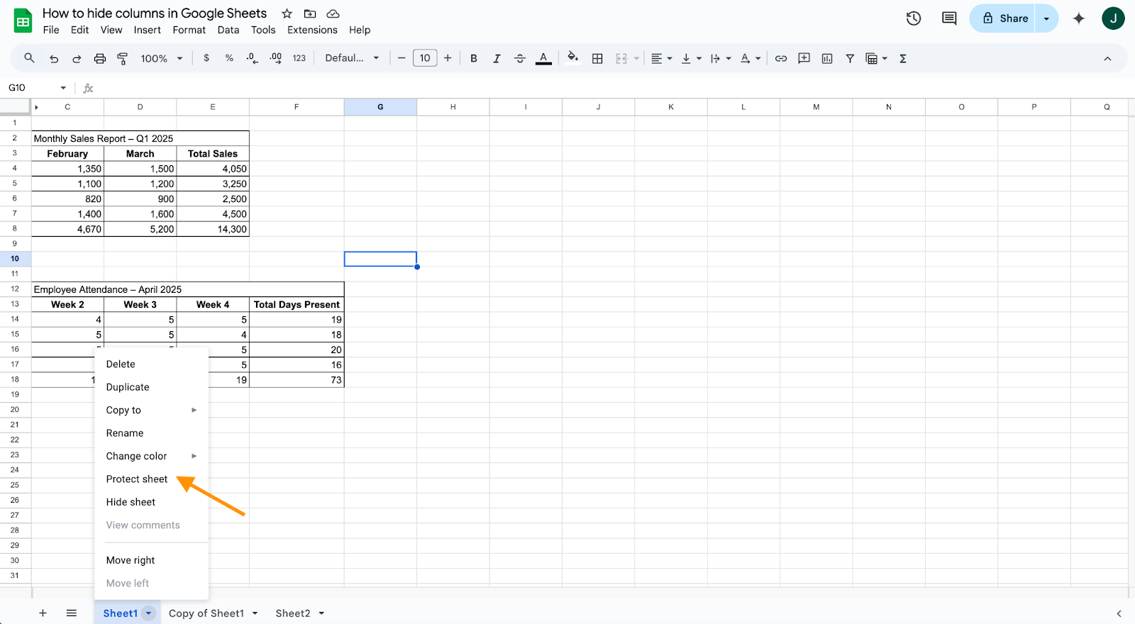 Clicking on the Protect sheet option from the dropdown