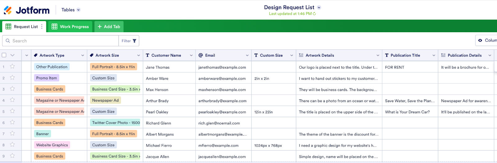 Design request list tables