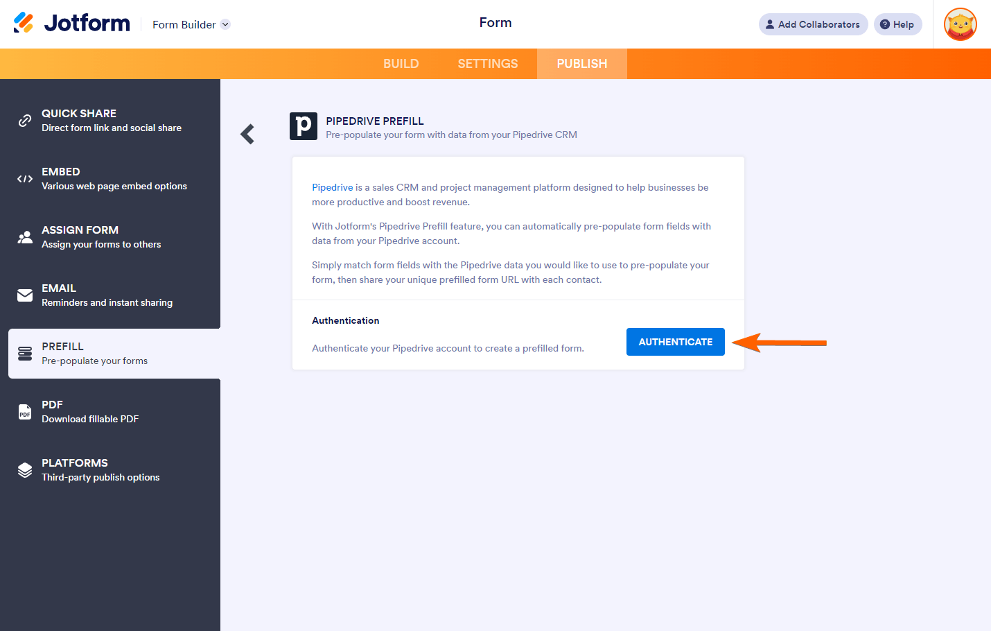 Authenticate button in Pipedrive Prefill settings