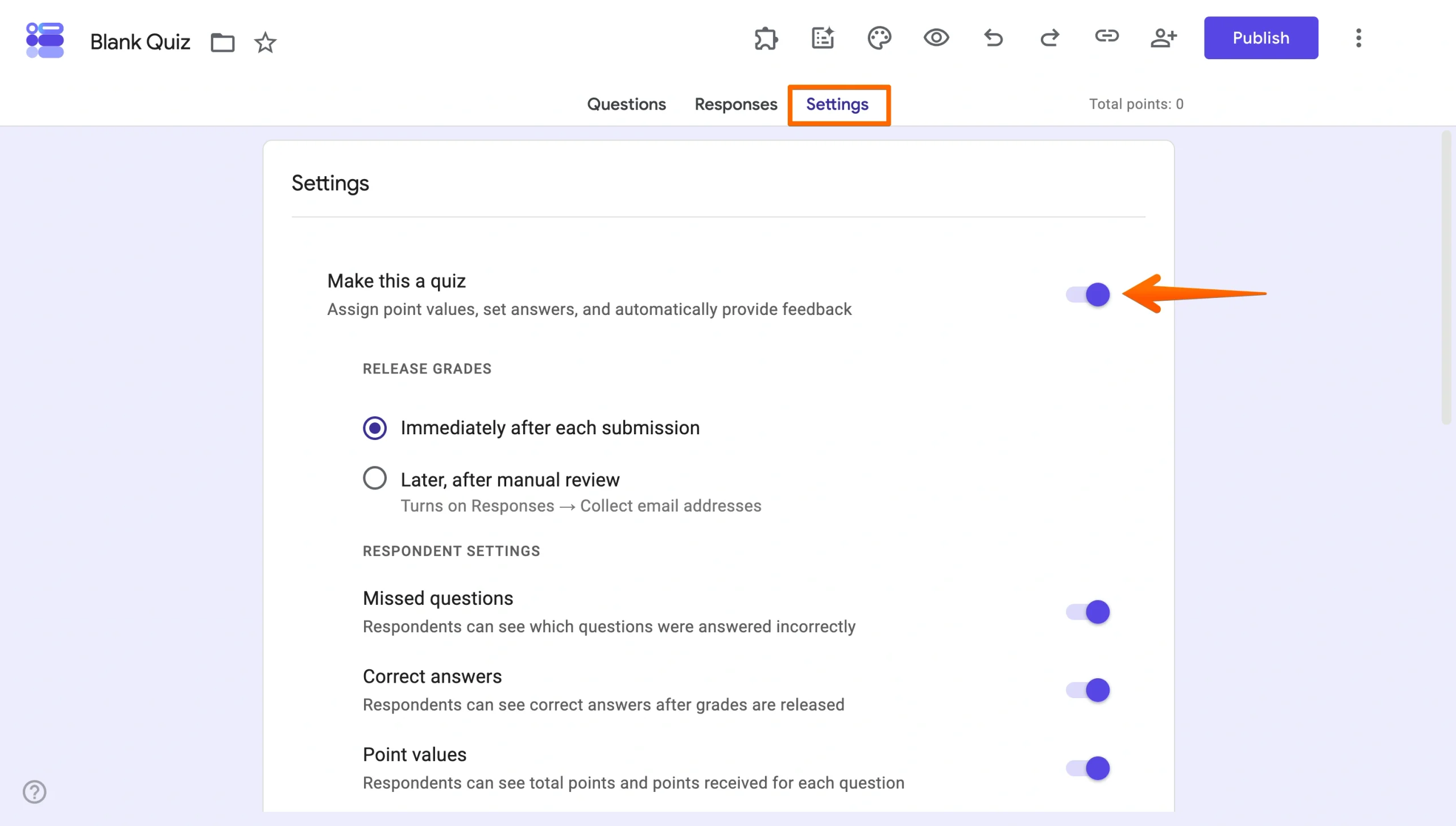 Google Forms Settings tab with the Make this a quiz toggle highlighted