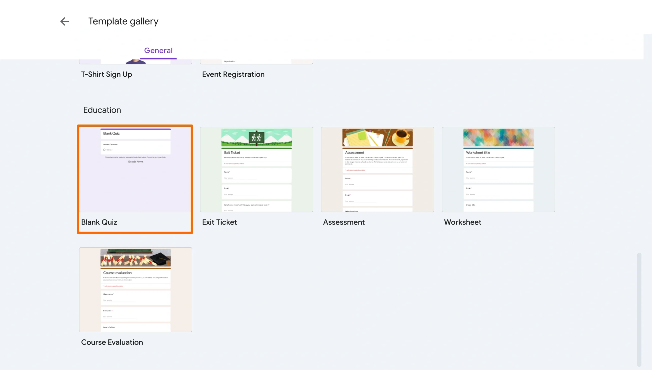 Google Forms template gallery with the Blank Quiz option highlighted