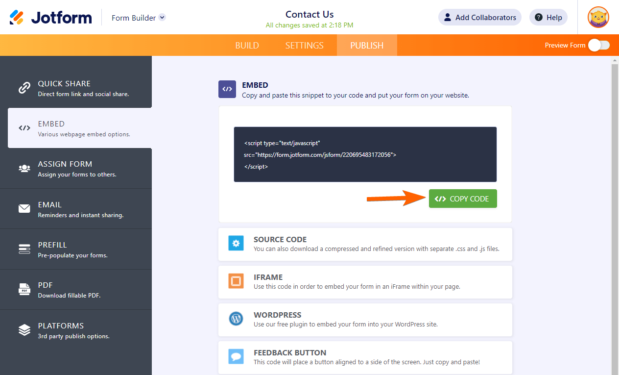 Jotform Embed - Copy Code