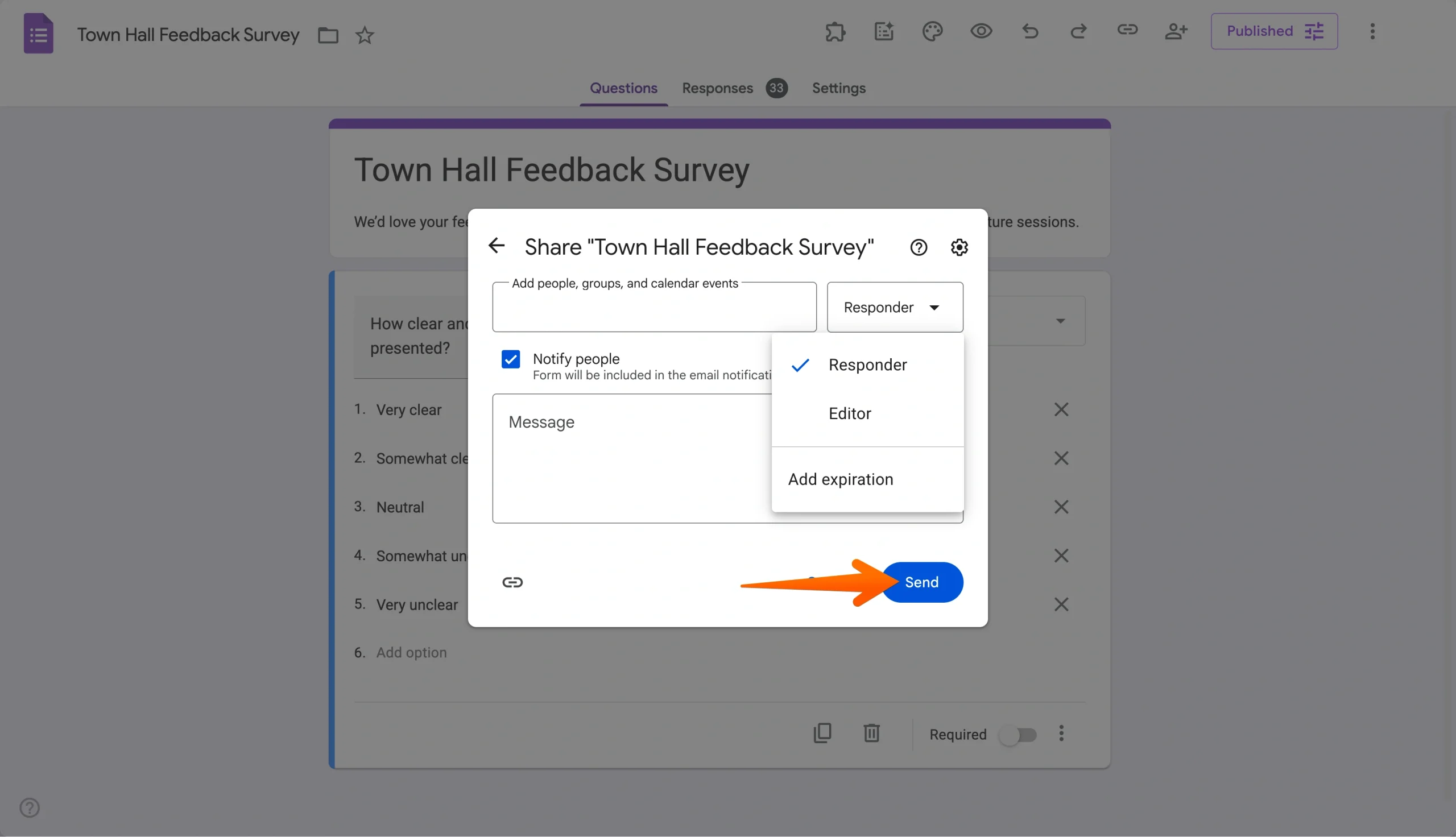 Sharing window with the Send button highlighted to invite collaborators