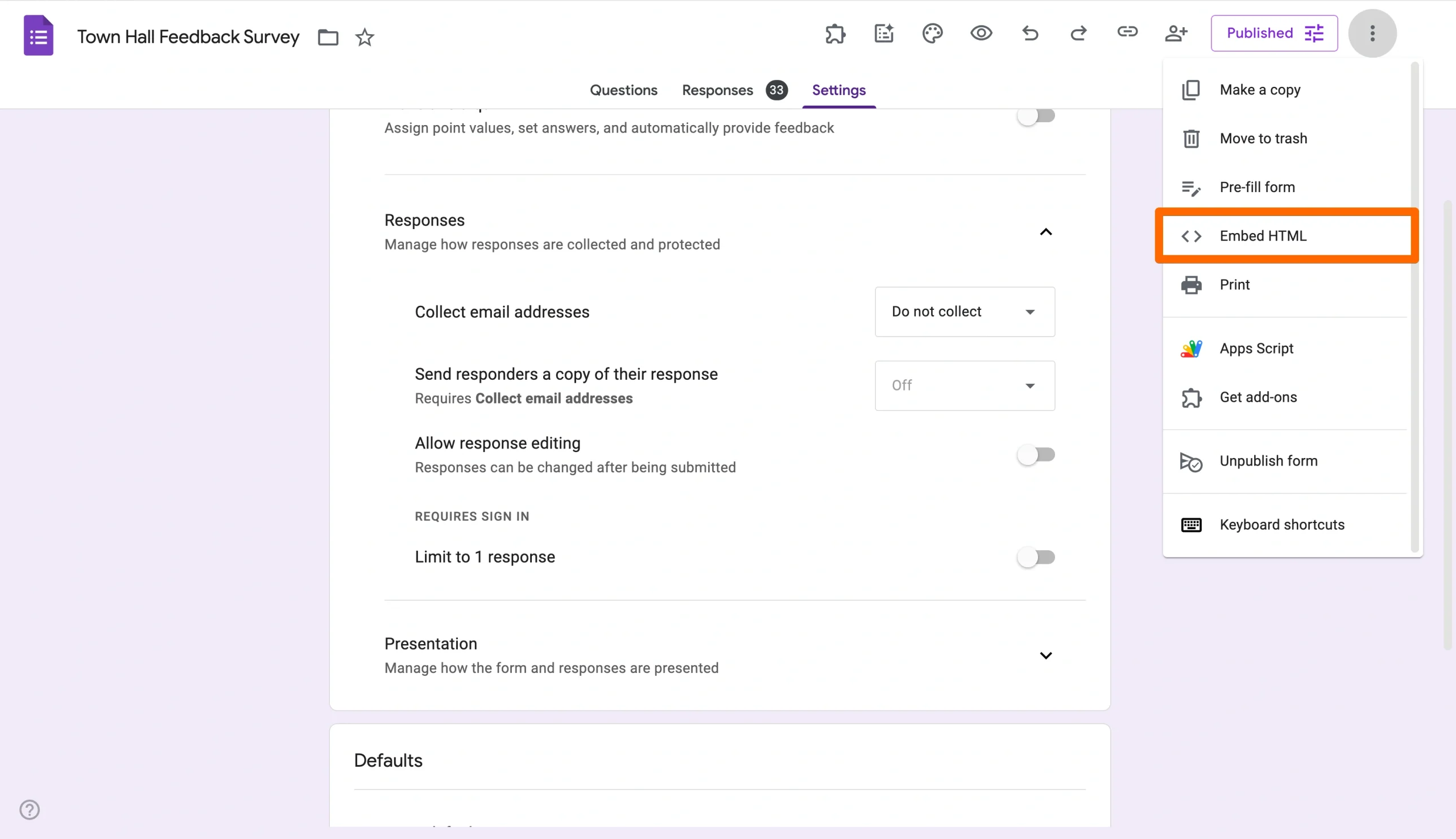 More options menu open with ‘Embed HTML’ highlighted