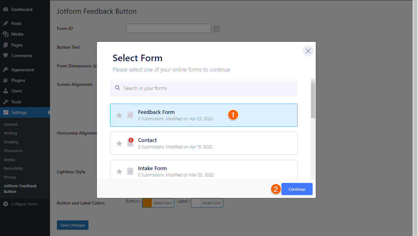 wordpress-jotform-feedback-button-select-form