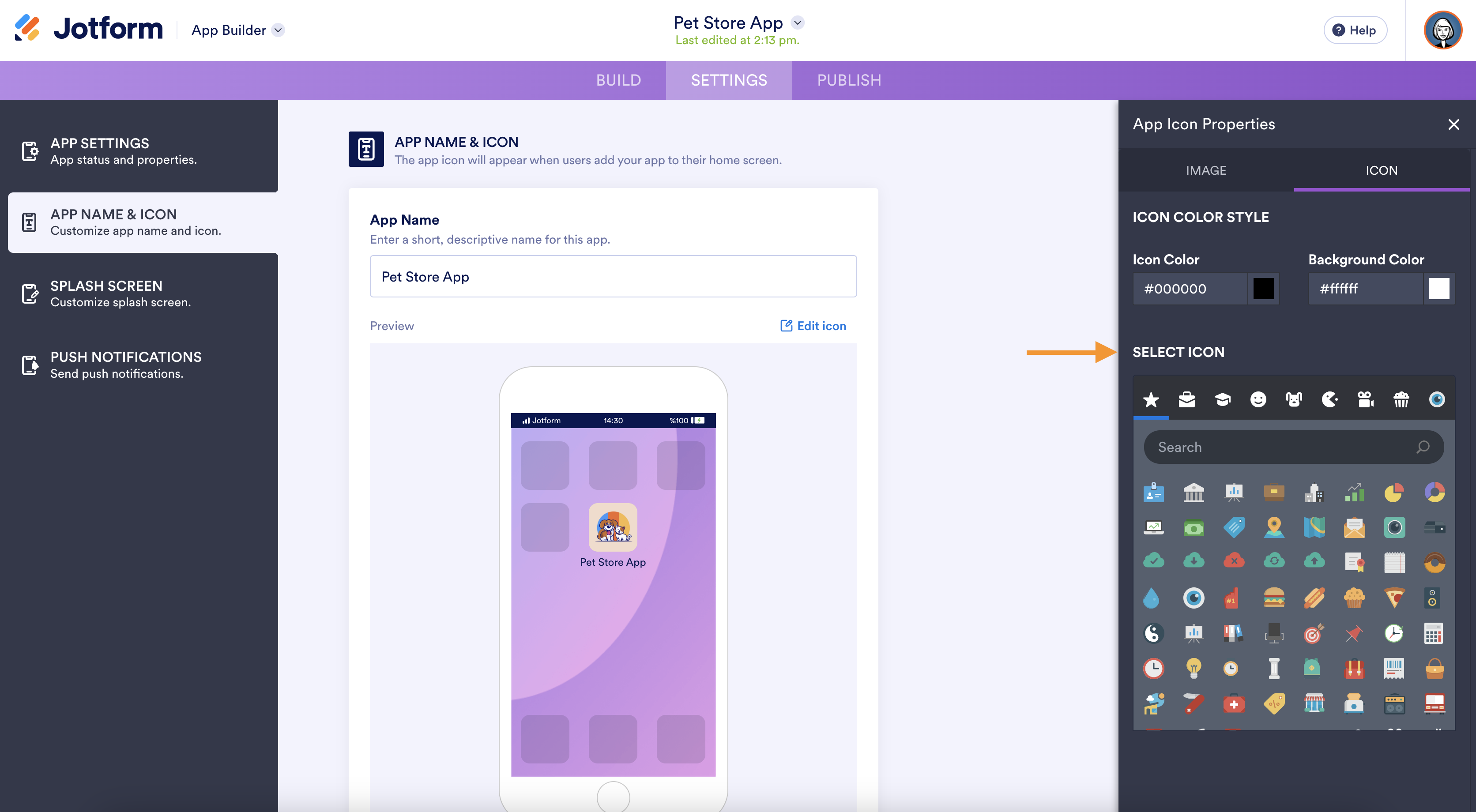 A screenshot of the app icon customization panel in Jotform App Builder, showing icon color settings and a selection of icons
