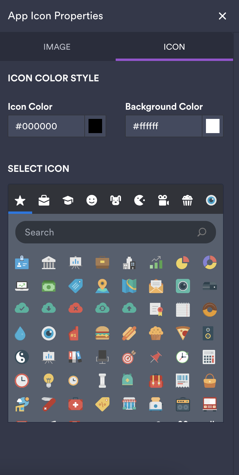 A screenshot of the App Icon Properties panel, showing options