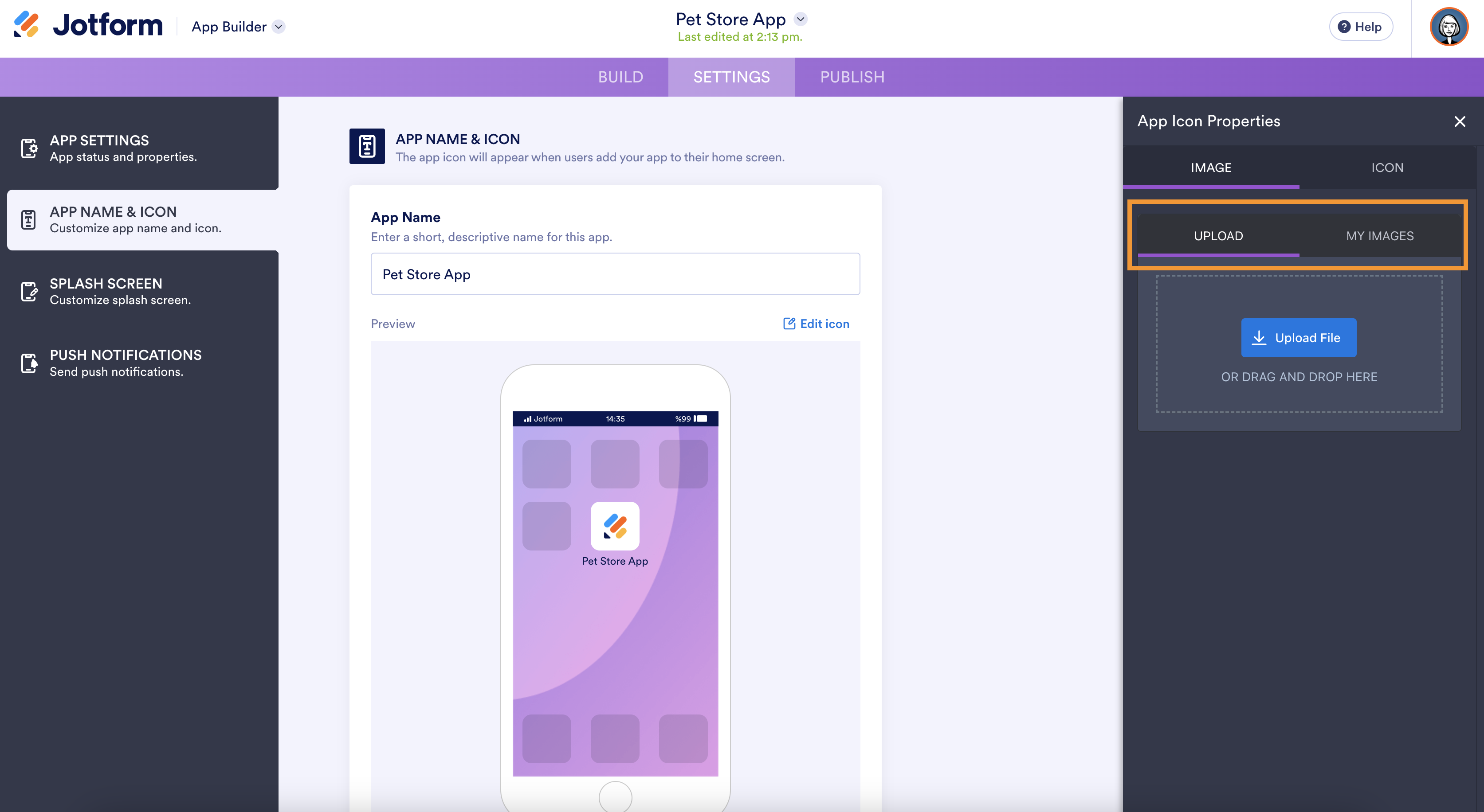 A screenshot of the app name and icon settings, highlighting the option to upload custom images for the app icon