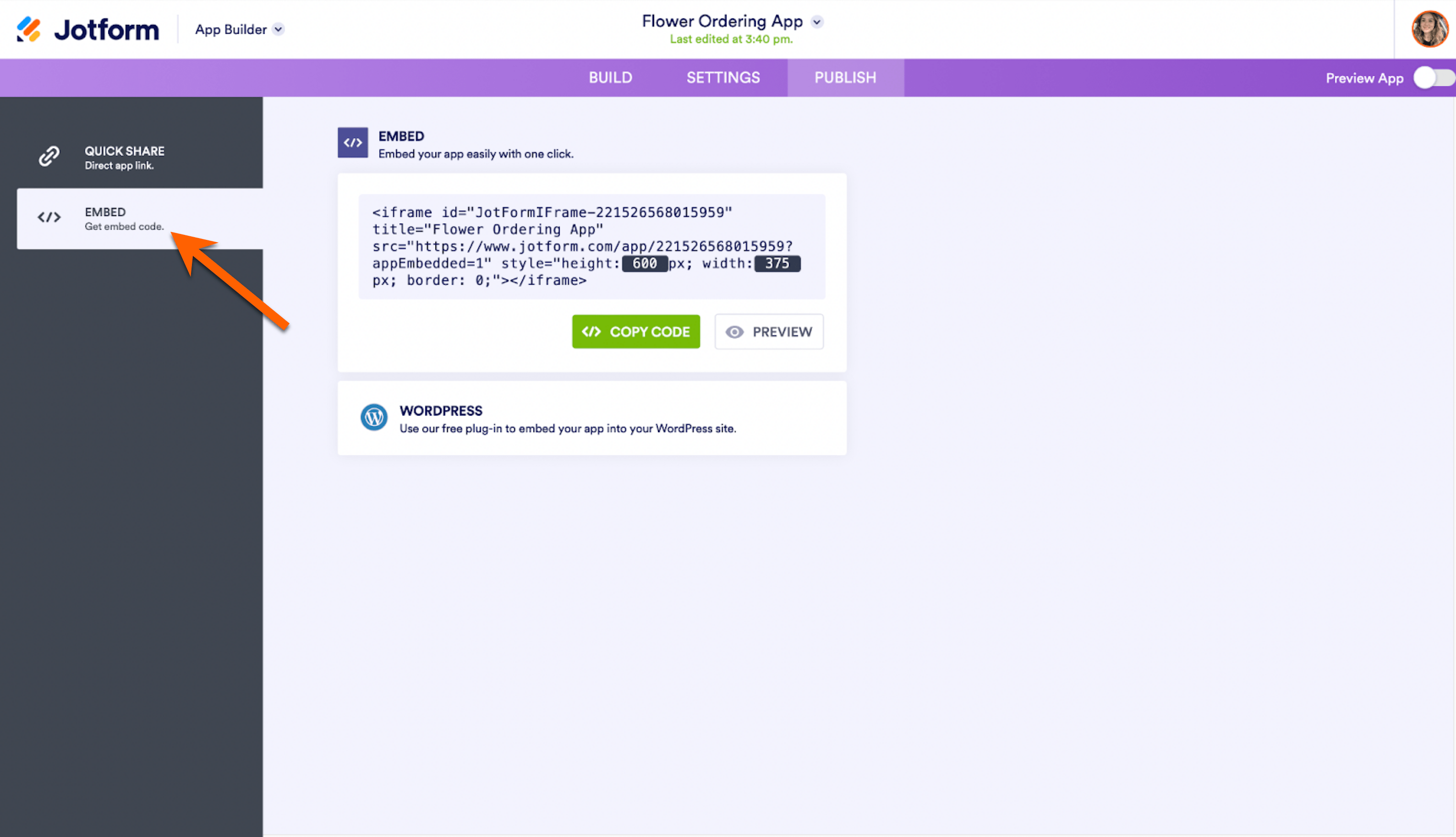 Screenshot of Jotform's Store Builder with an arrow pointing to the Embed tab