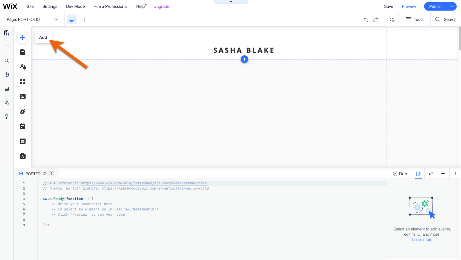 Screenshot of Wix's site builder with an arrow pointing to the add button on the left side of the screen