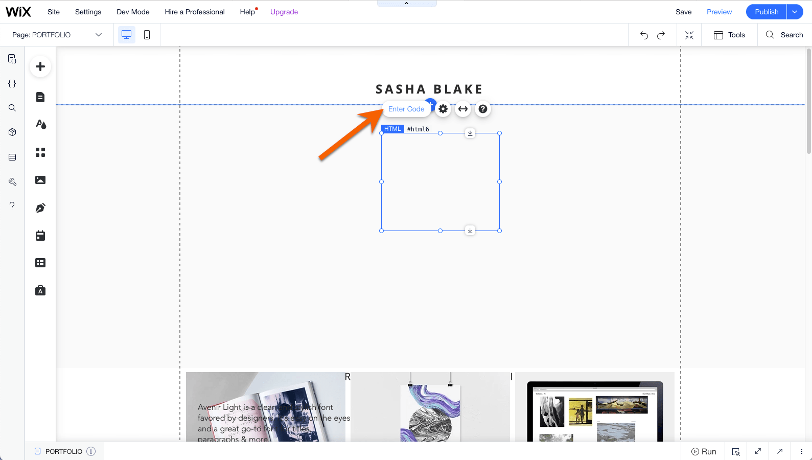 Screenshot of Wix's site builder with a text box in the middle of the screen and an arrow pointing to a button titled enter code