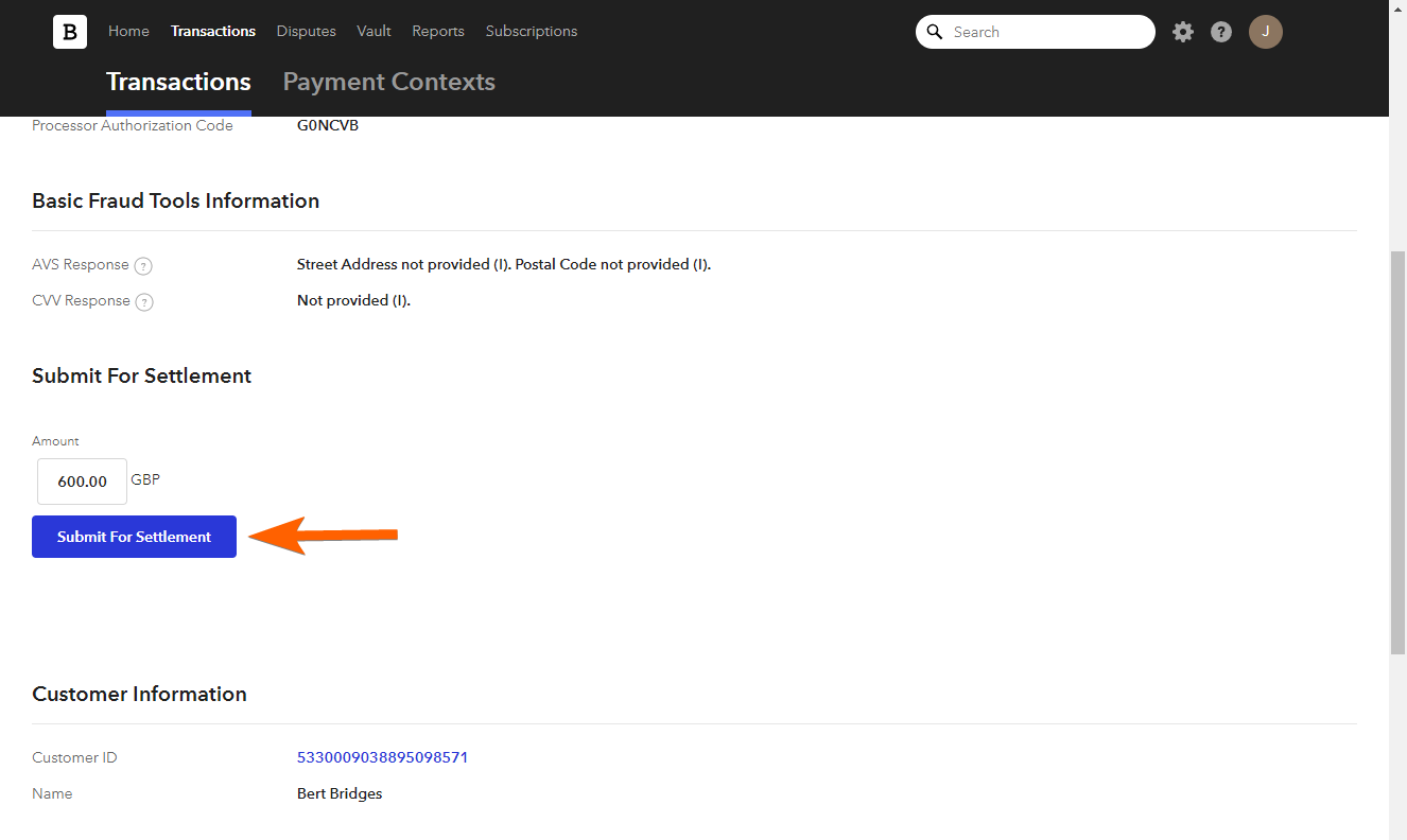 Braintree submit settlement button