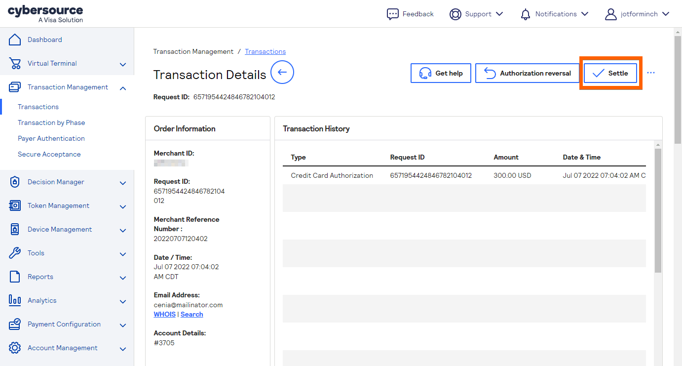 Cybersource settle transaction