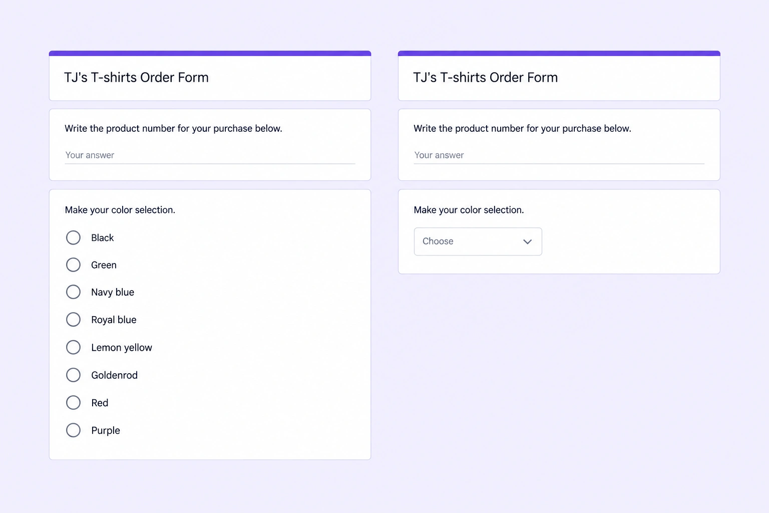 Side-by-side form screenshots showing multiple-choice color options and a compact dropdown menu