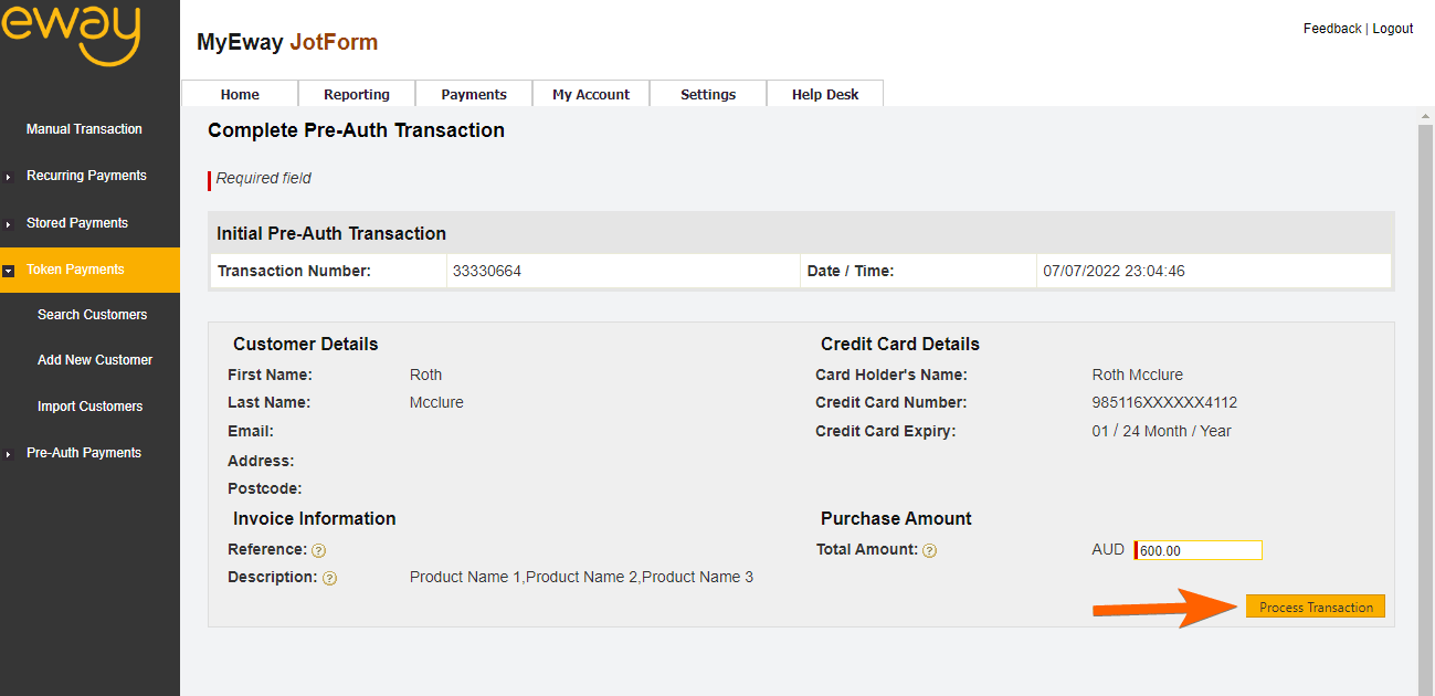 Eway complete process transaction button