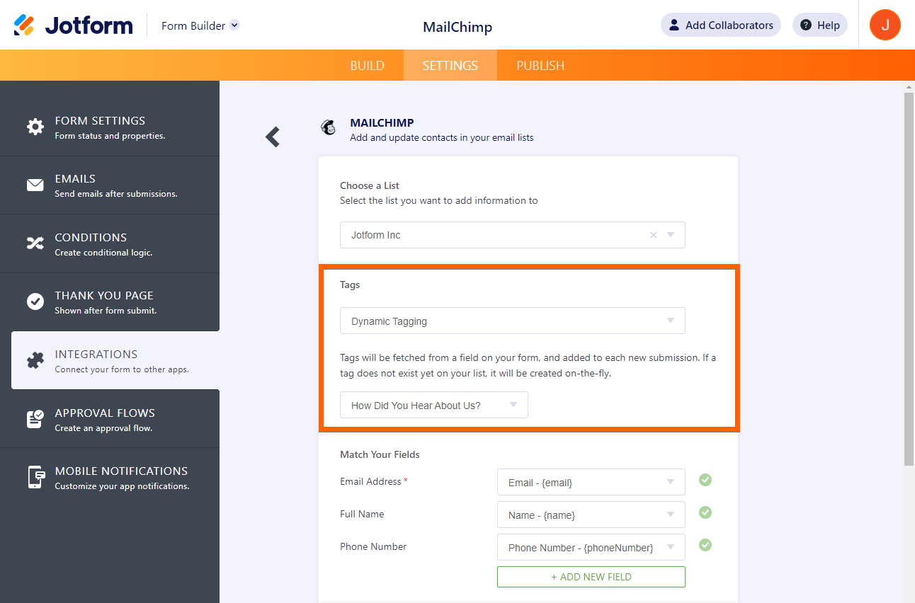Opción de etiquetado dinámico en la configuración de integración de Mailchimp