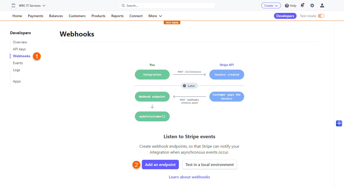 La sección de Webhooks de Stripe con un botón para Agregar un endpoint