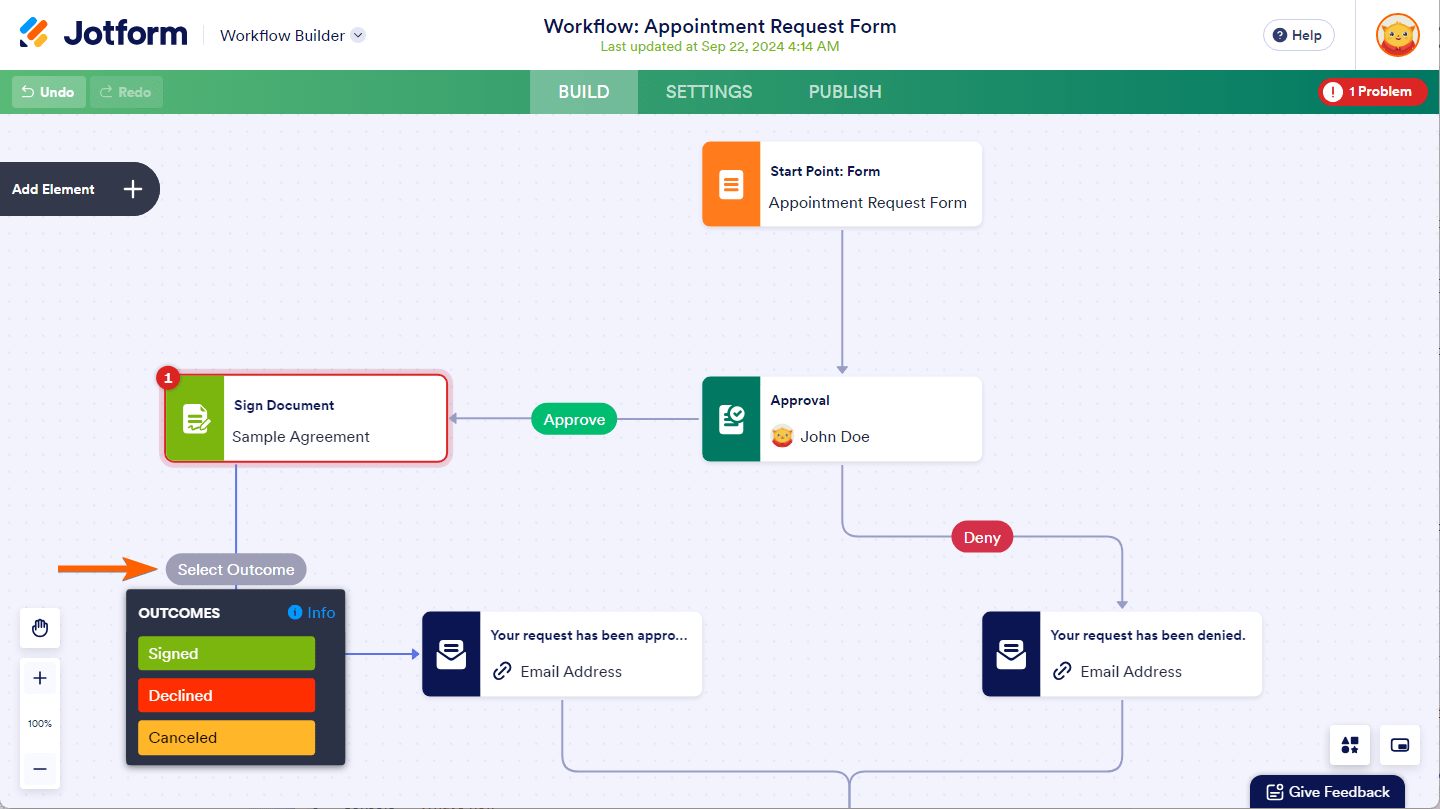 Outcomes of the Sign Document element in Jotform Workflows