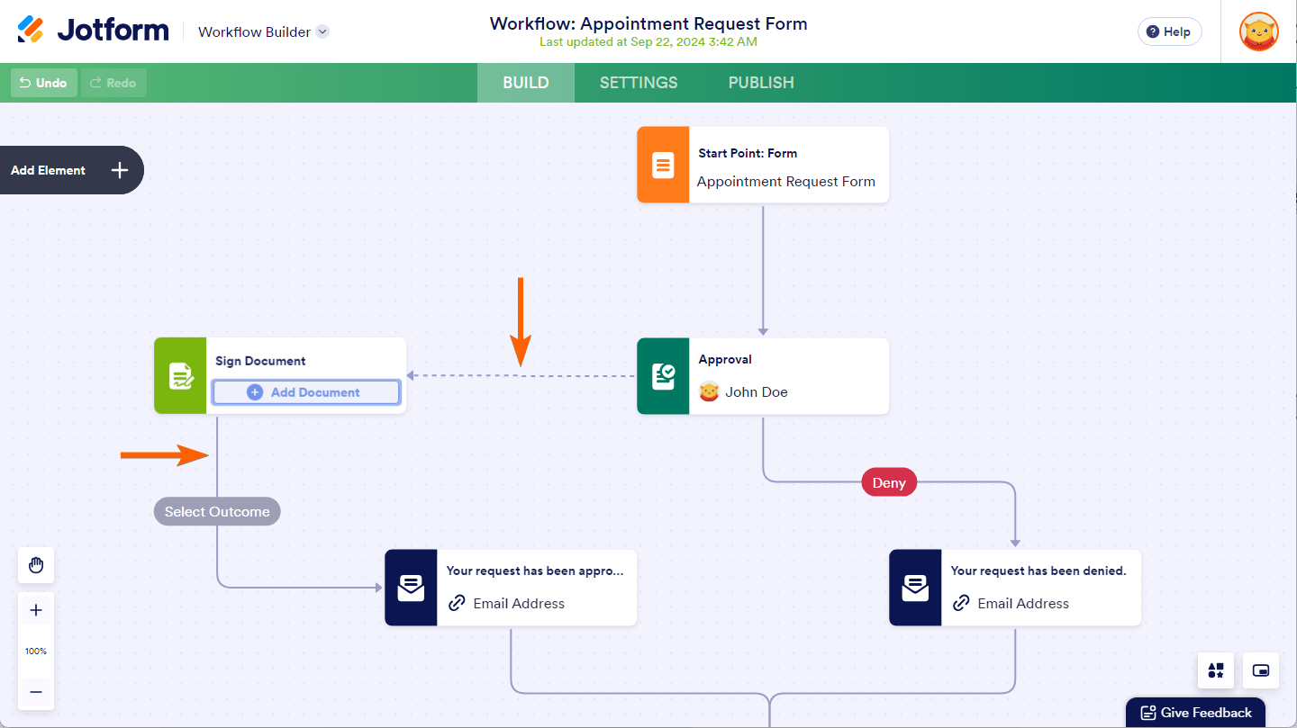 Sign Document element connectors in Jotform Workflows