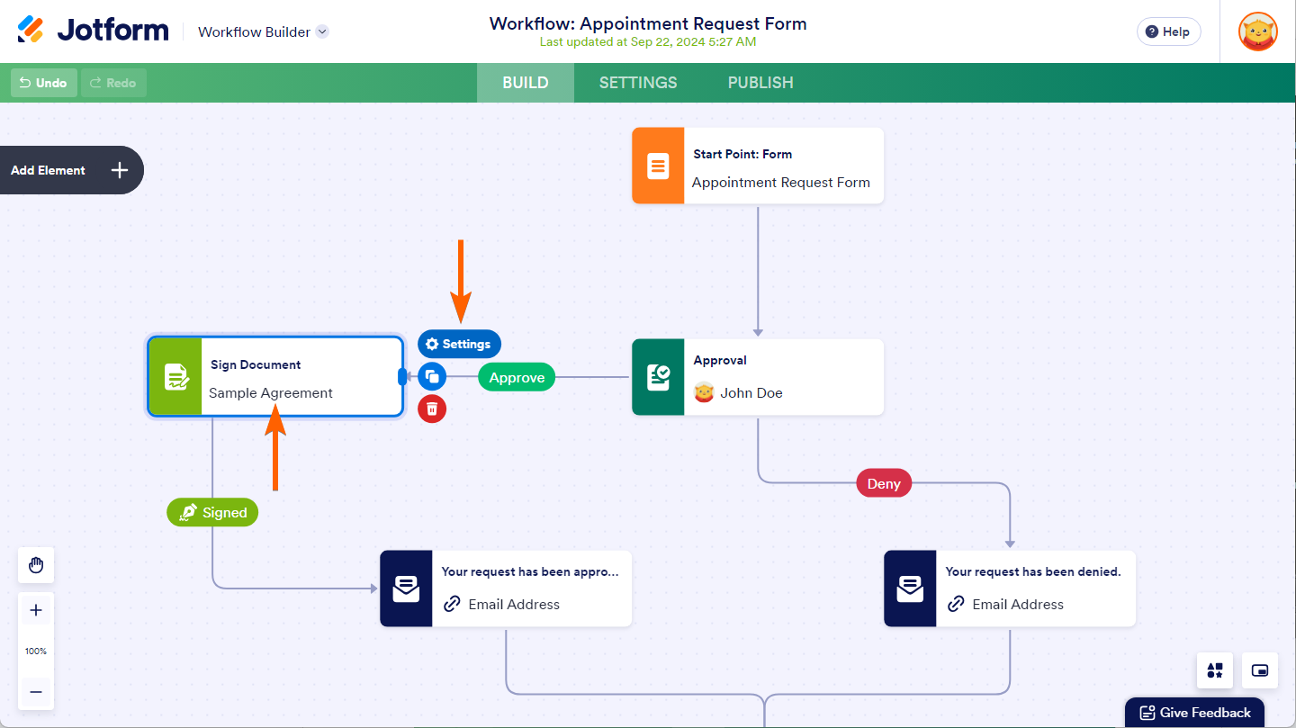 Selected Document Title and Settings button of the Sign Document element in Jotform Workflows