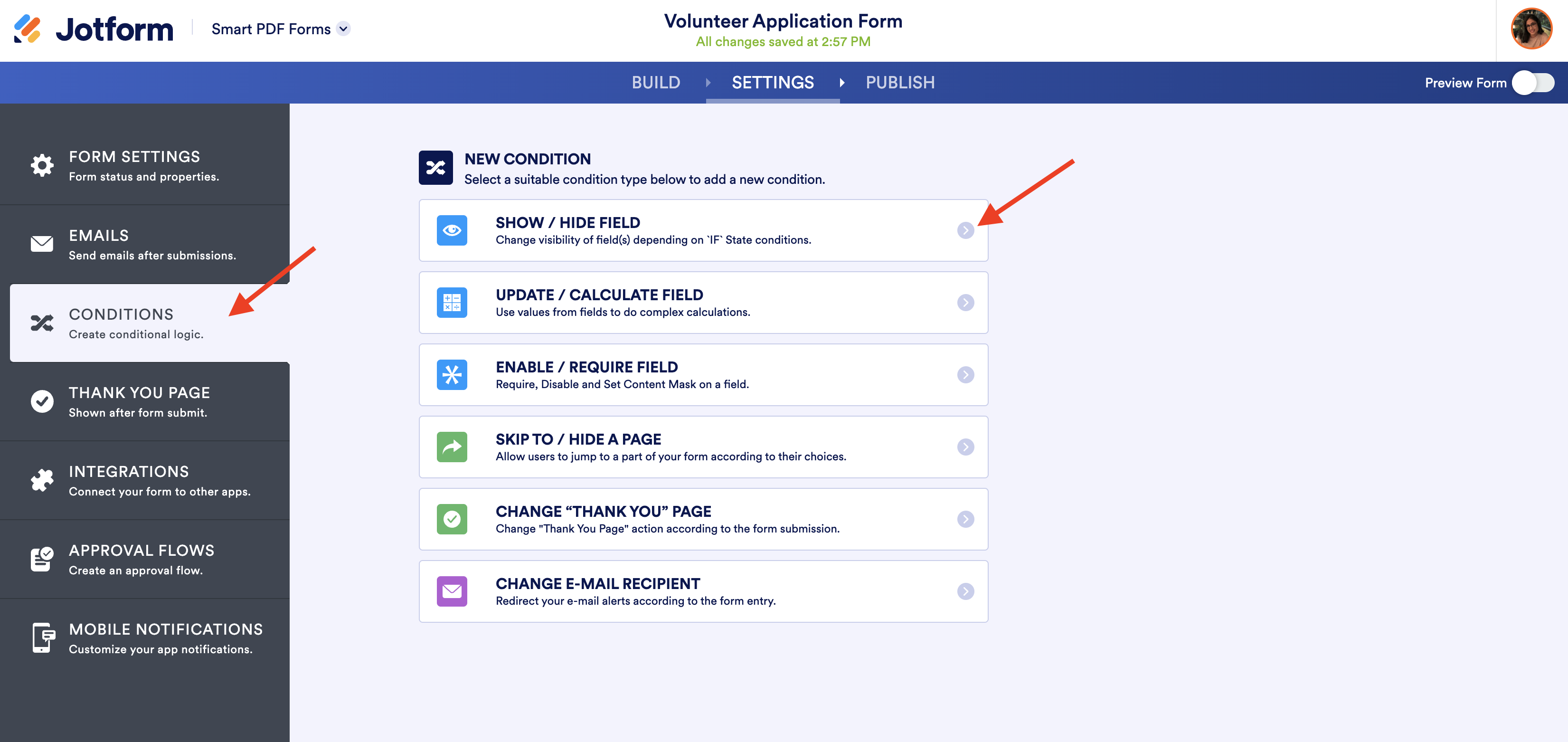 Screenshot of Conditions Page