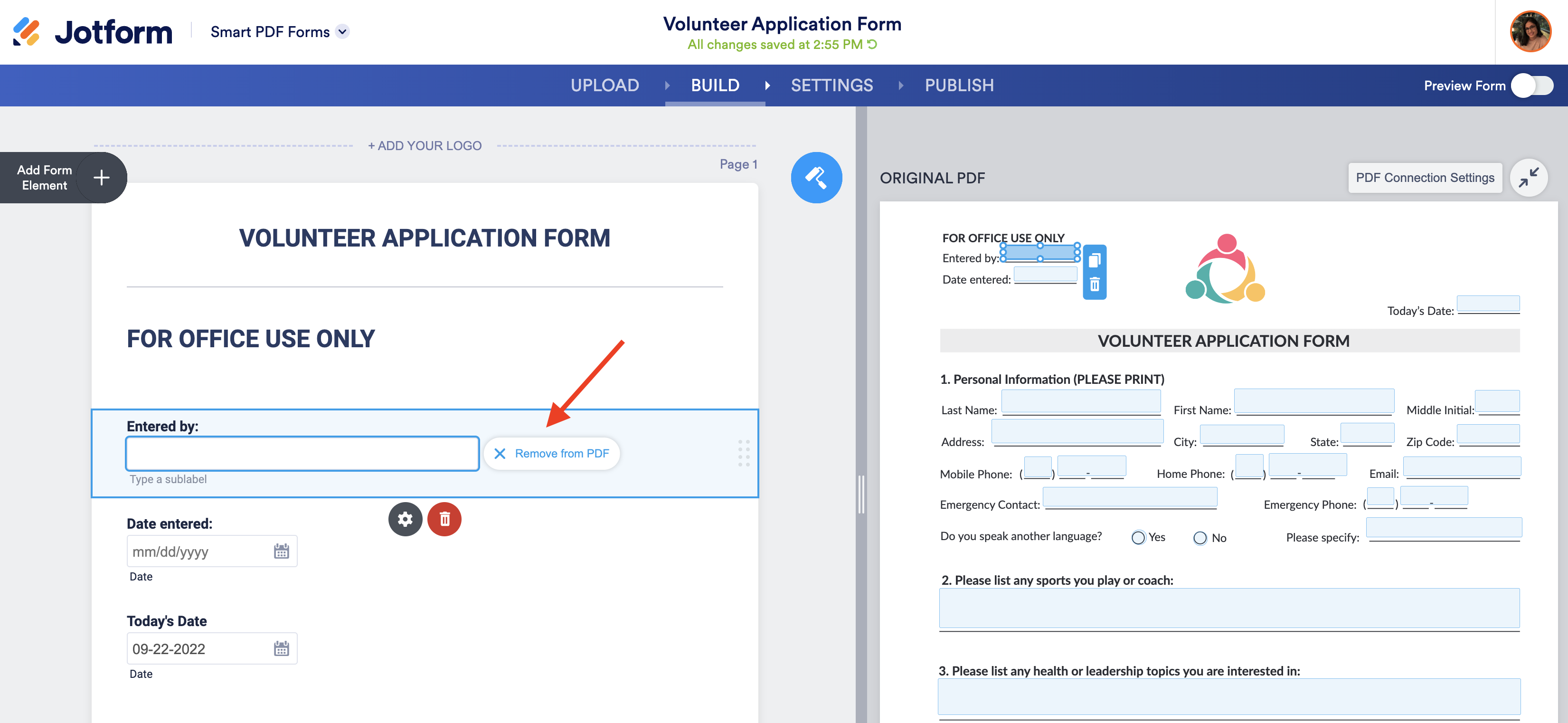Screenshot of Build Page Clicking on Remove from PDF