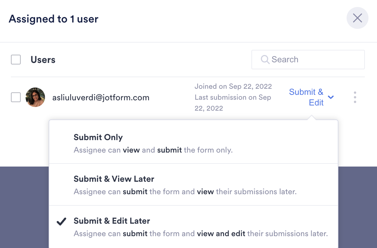 Screenshot of Assign Form Page Showing Assigned User and Viewing/Editing Options