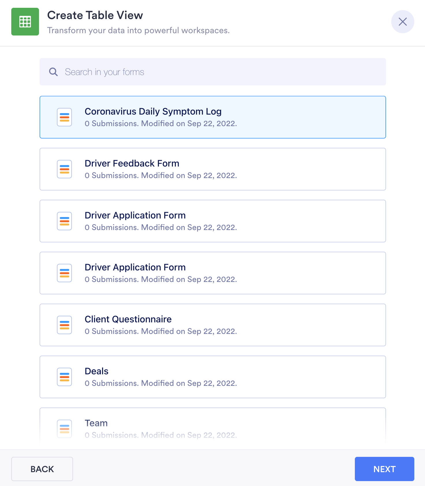 Image of Create Table View Page Viewing Forms