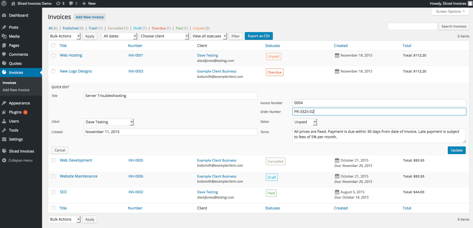 screenshot of sliced invoices