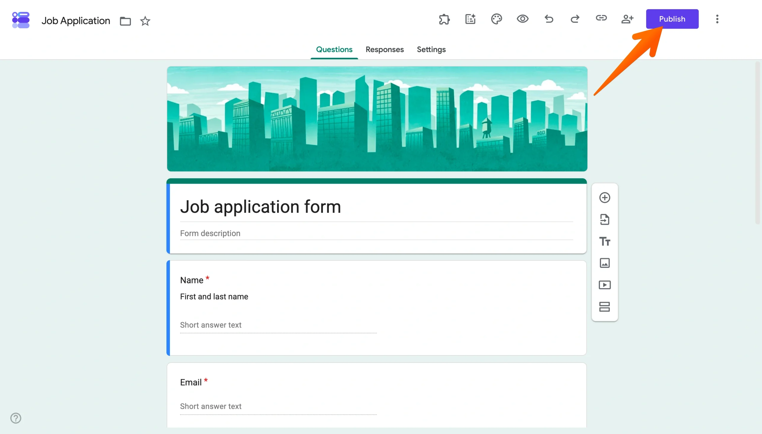 Google Forms editor showing the Publish button highlighted for a job application form