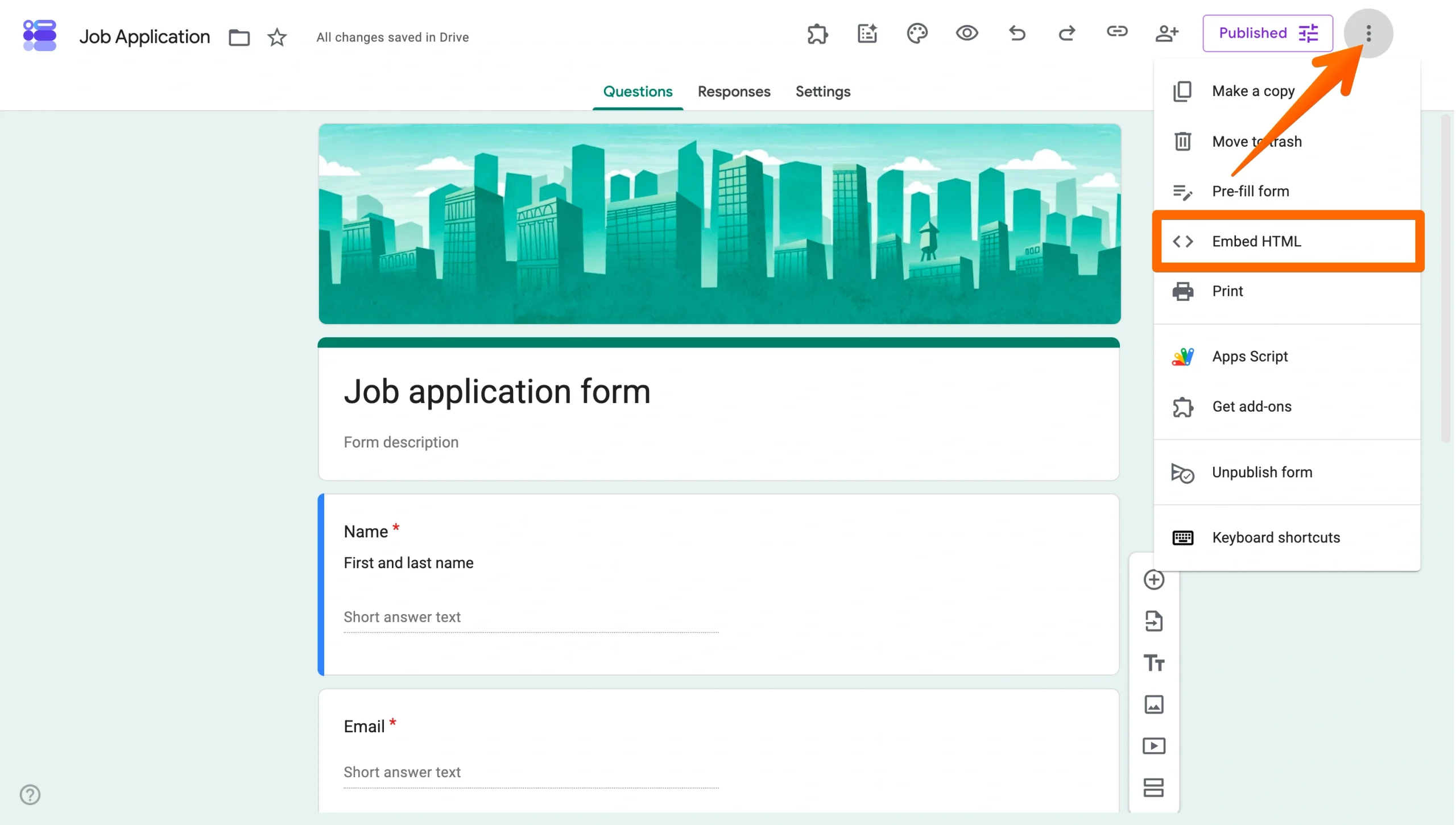 Google Forms menu showing the Embed HTML option selected under the three-dot menu