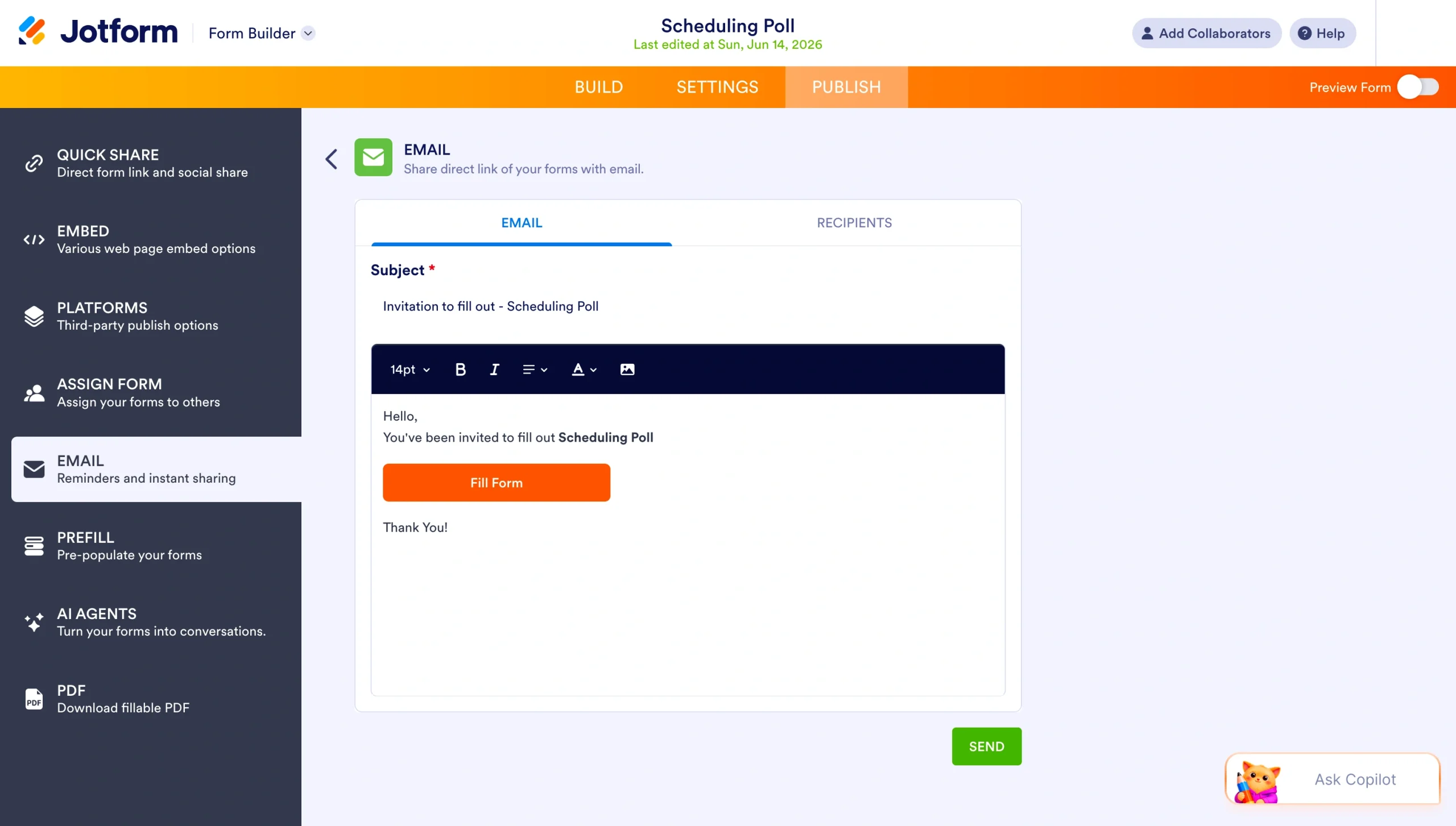 Jotform email editor showing subject and email content fields