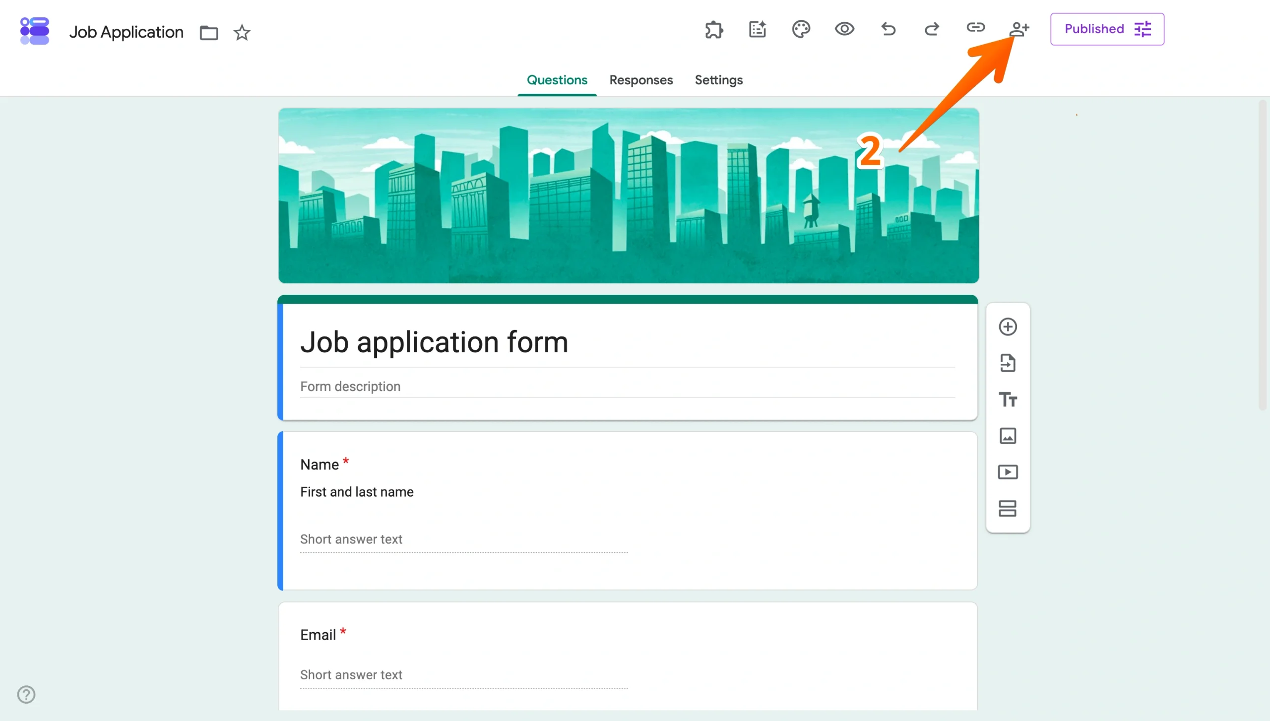 Google Forms editor showing the Share button highlighted for a job application form