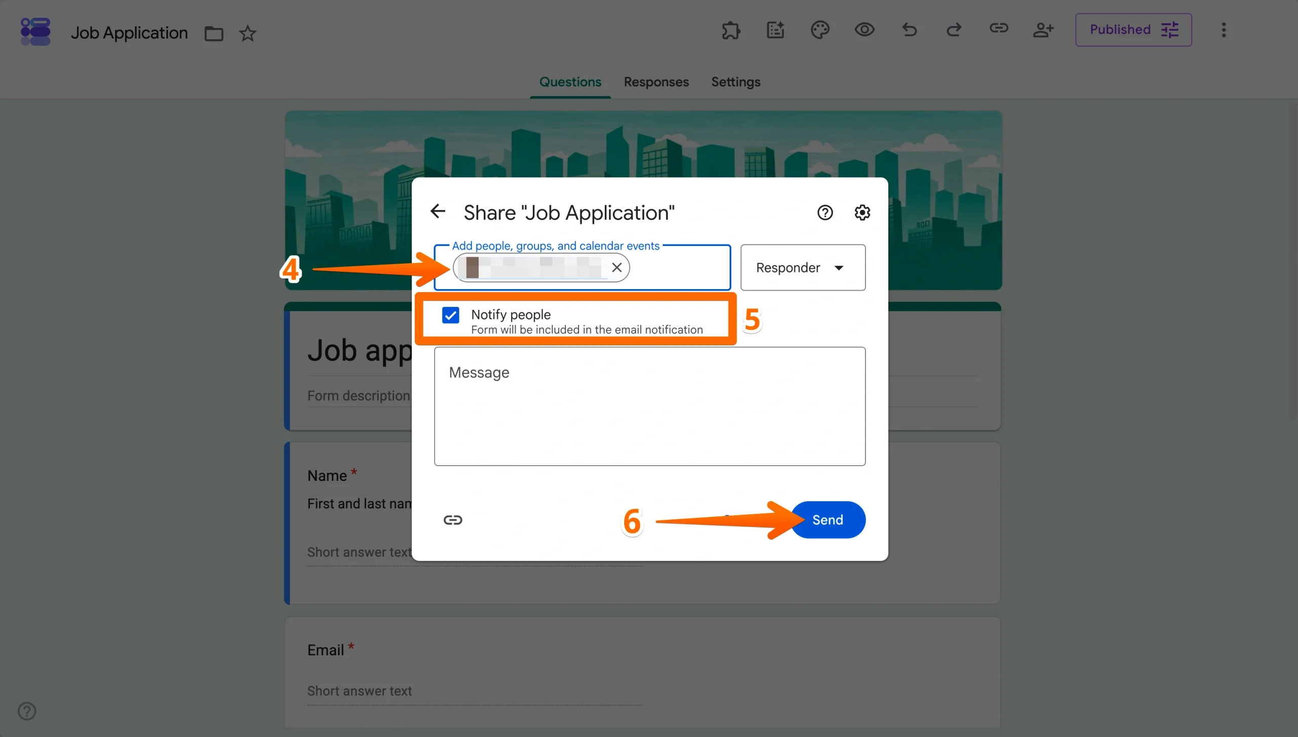 Google Forms sharing window showing the email fields and “Notify people” option highlighted