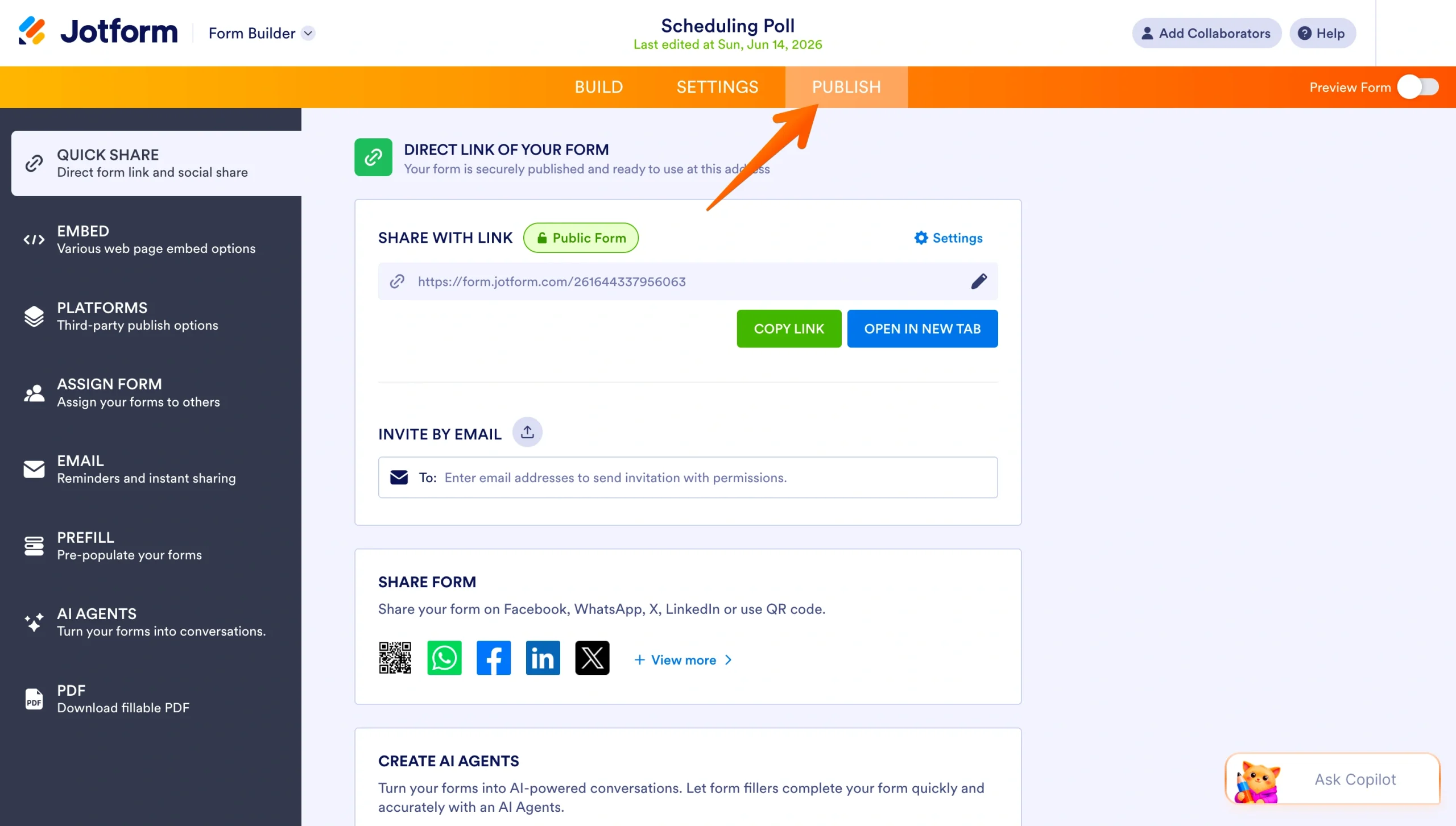 Jotform form builder showing the Publish tab highlighted