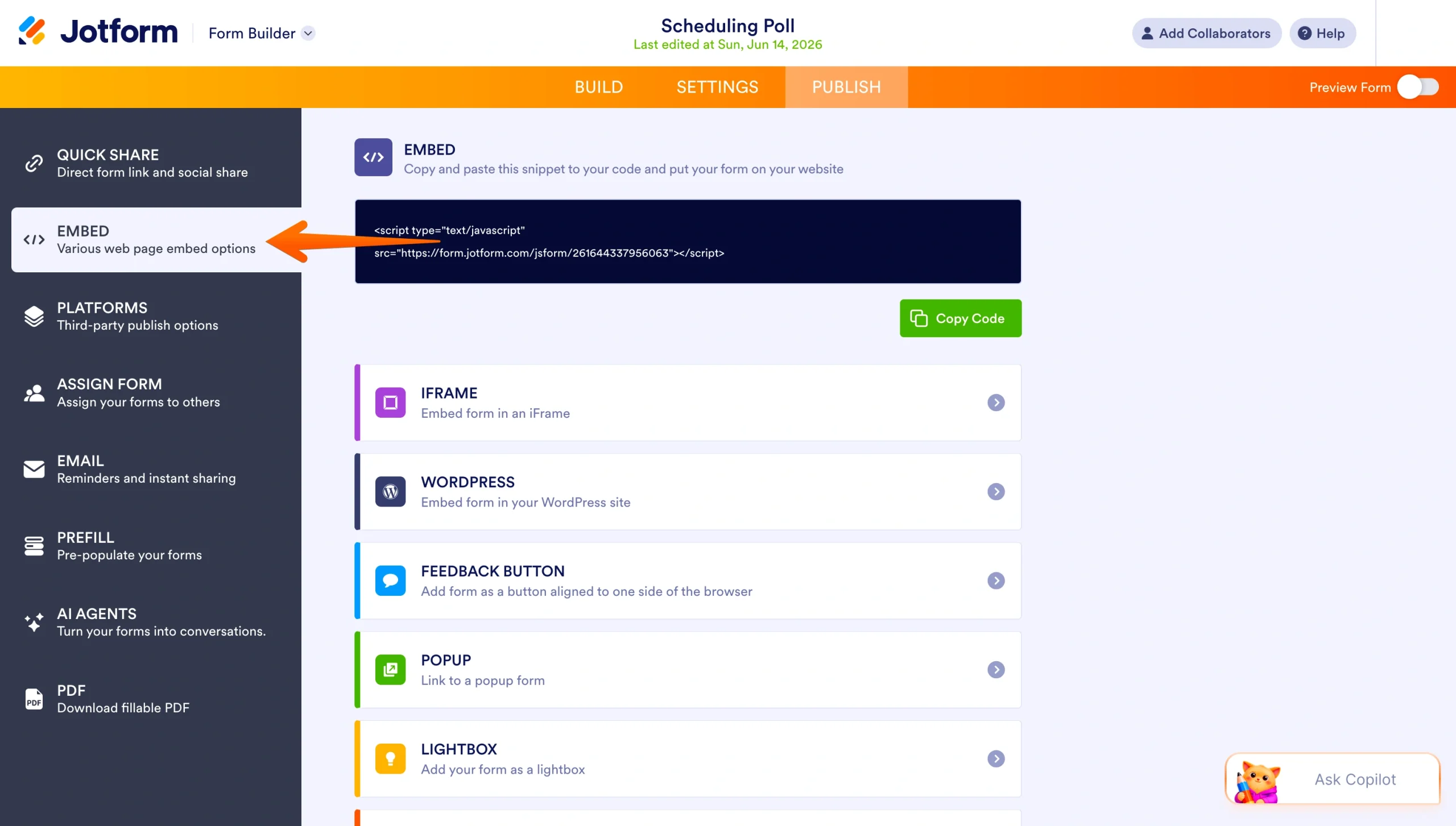 Jotform Publish menu showing the Embed option selected in the left toolbar