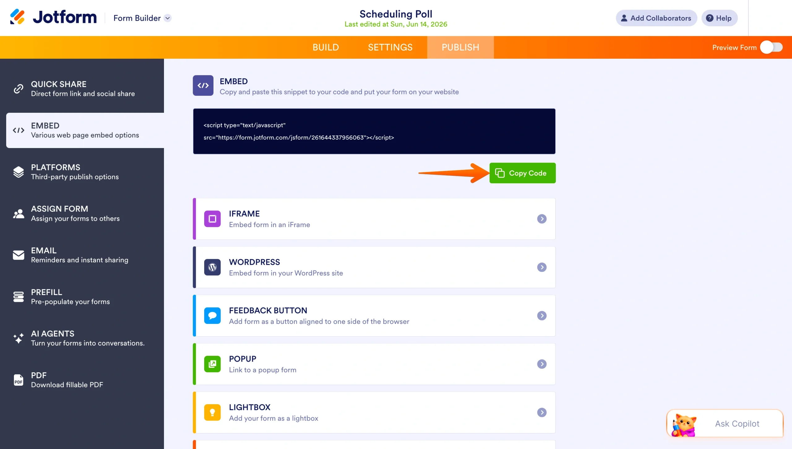Jotform Embed screen showing the Copy Code button highlighted