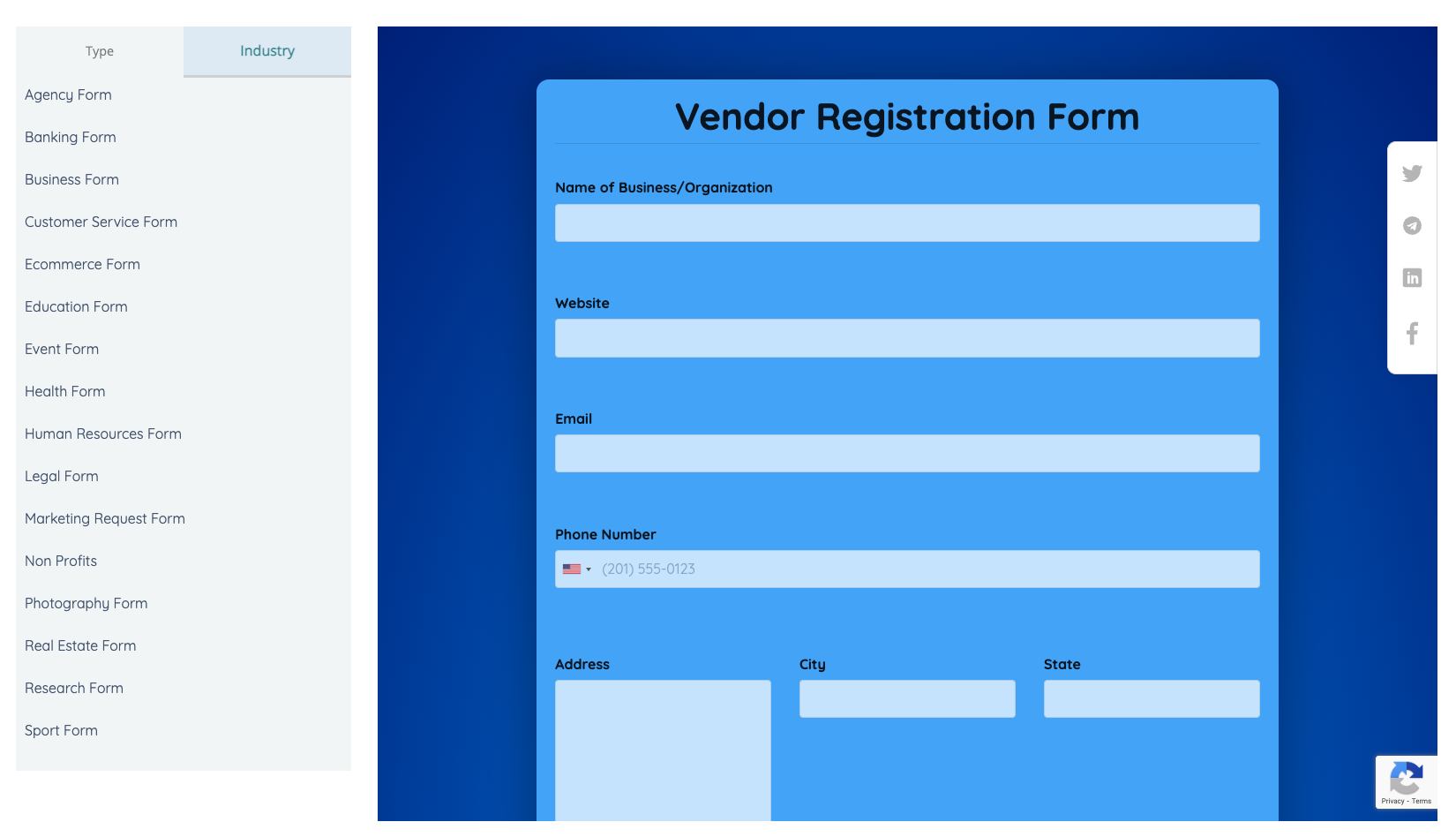 the vendor registration form is displayed in the form of a form