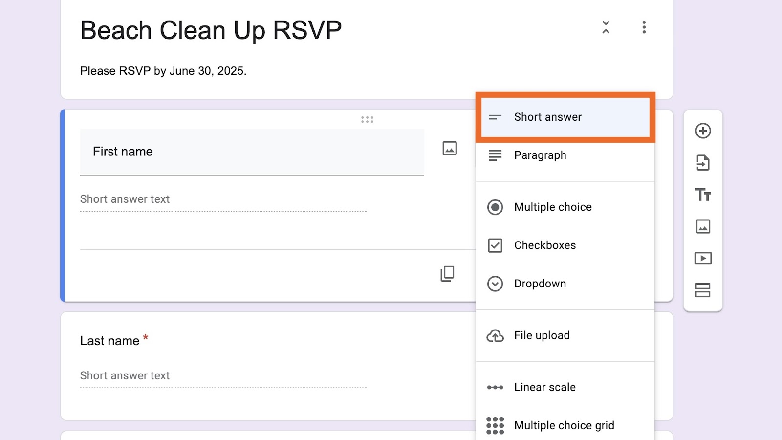 Screenshot of Google Forms in its builder, with a box around the Short answer option