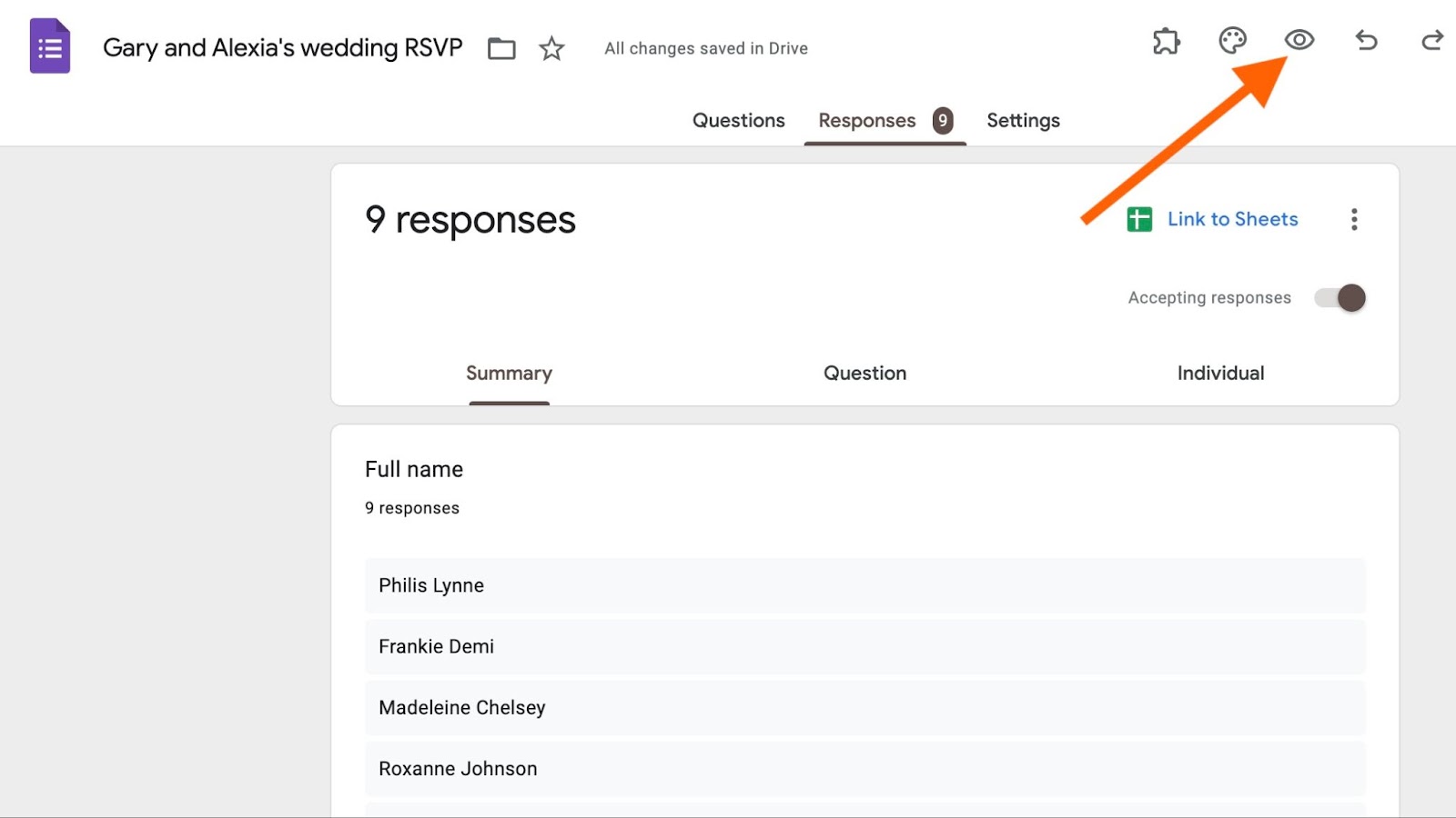 Screenshot of Google forms builder with an arrow pointing at the eye icon in the top right menu