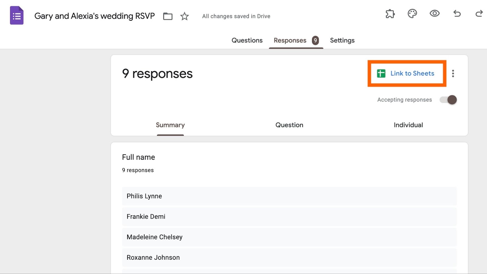 Screenshot of an RSVP form in Google Forms, with a box around the selection "Link to Sheets