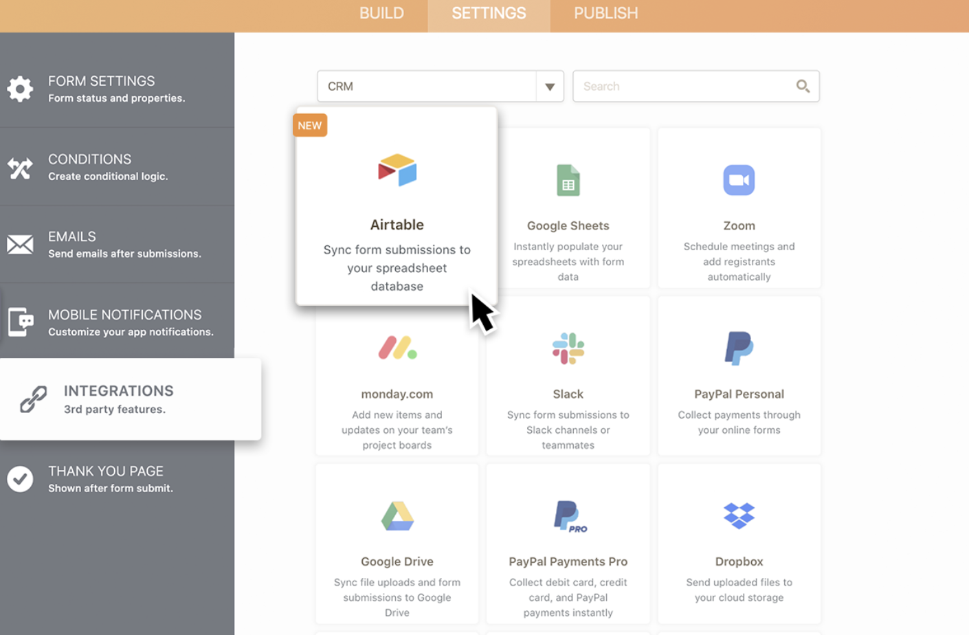 Screenshot of the Form Builder Clicking on Airtable Integration
