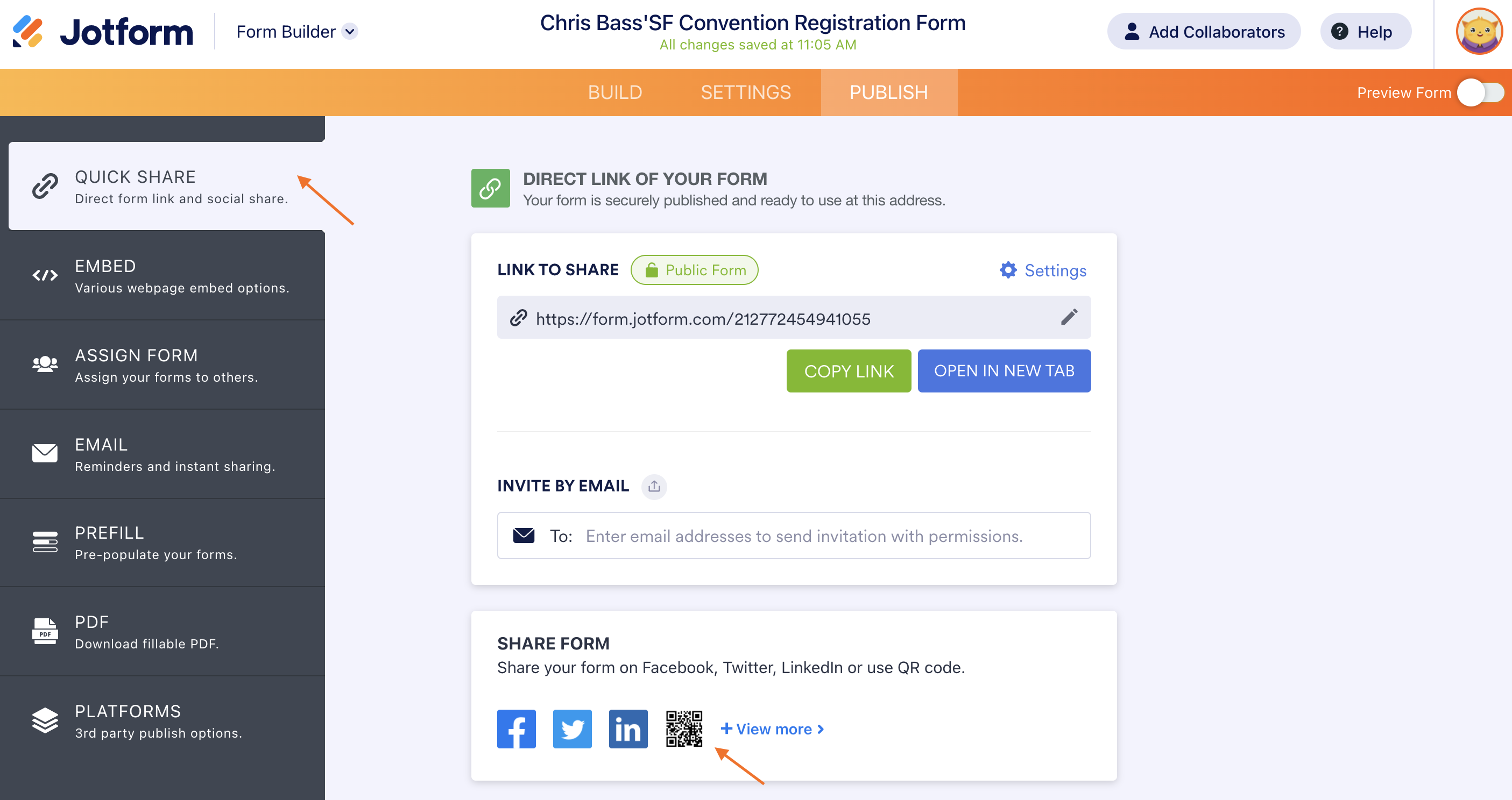 Screenshot of the Quick Share Tab  Clicking on Share Form Section